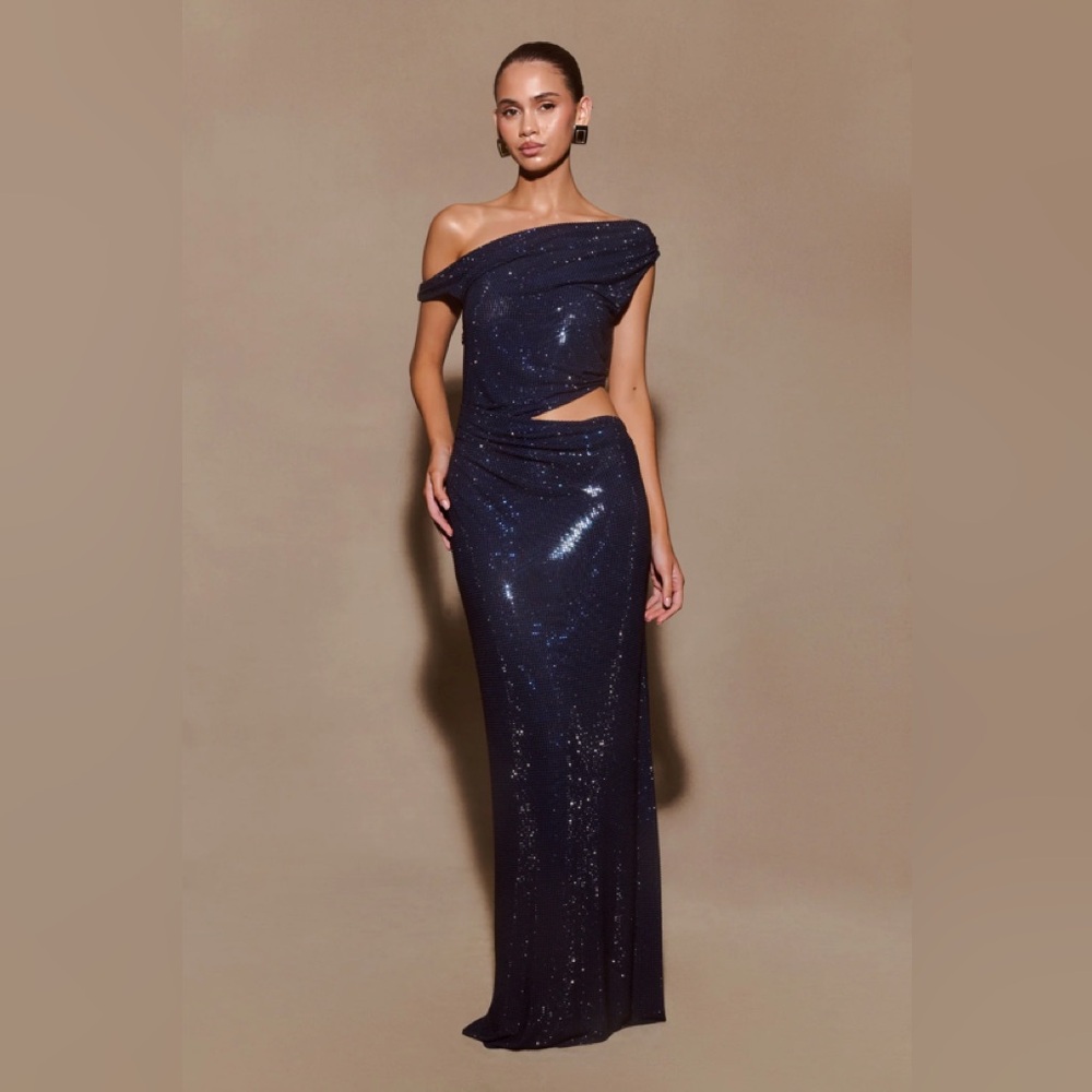 Meshki Kenny Diamente One Shoulder Maxi Dress - Navy